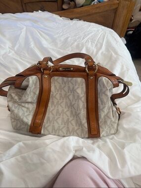 Michael Kors Beige MK Logo Satchel with Brown Leather Trim